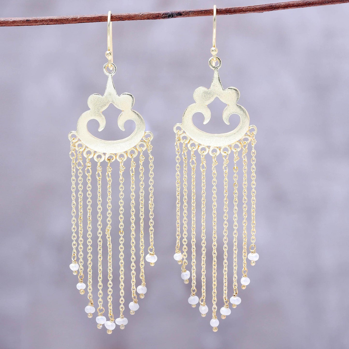 Glowing Rain Gold Plated Cultured Pearl Waterfall Earrings from India