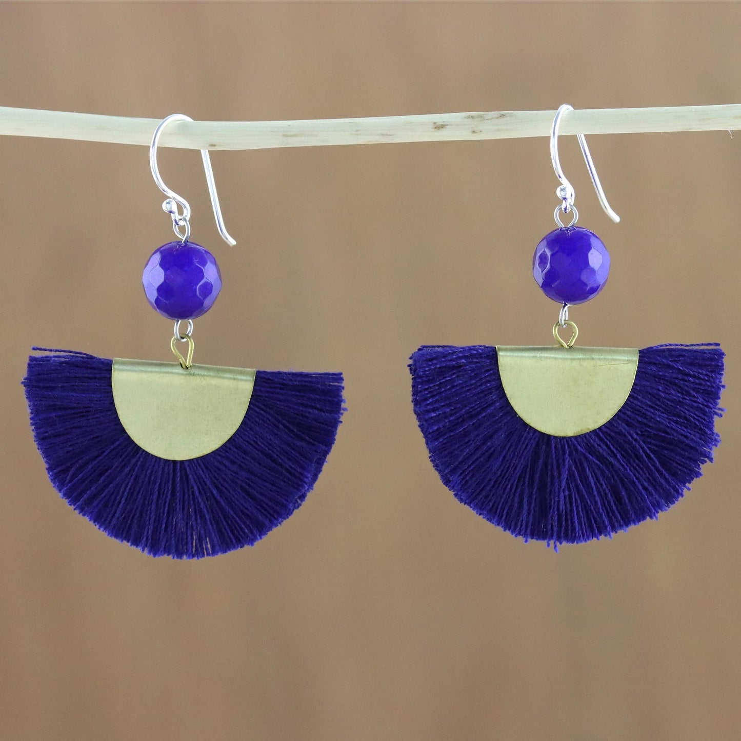 Festival in Ultramarine Quartz and Brass Bead Dangle Earrings with Cotton Fringe