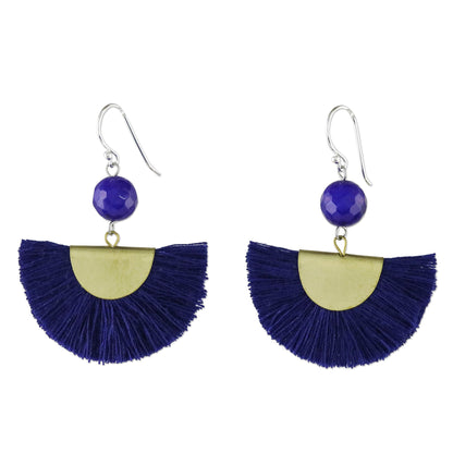 Festival in Ultramarine Quartz and Brass Bead Dangle Earrings with Cotton Fringe