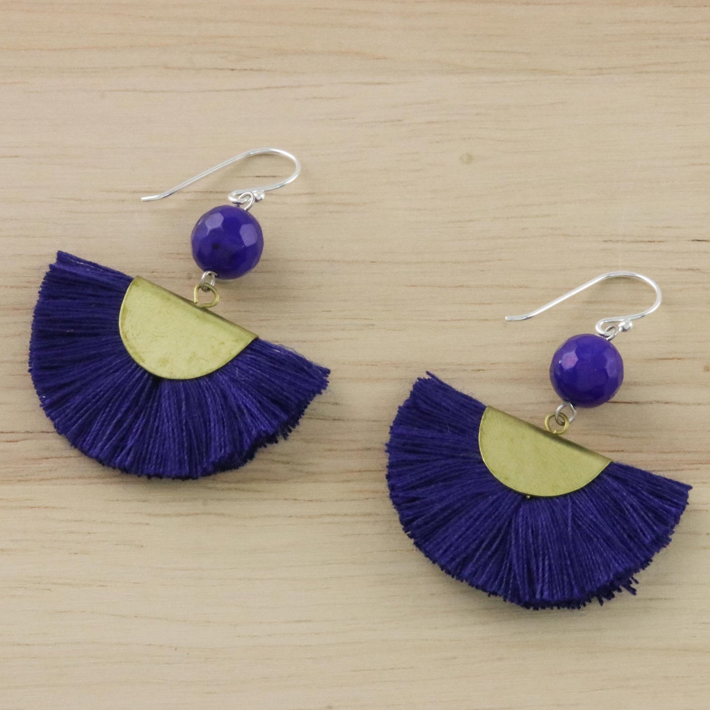 Festival in Ultramarine Quartz and Brass Bead Dangle Earrings with Cotton Fringe