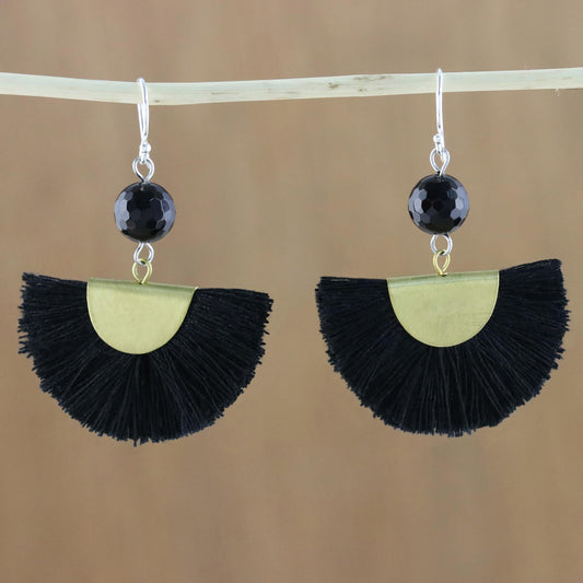 Festival in Black Quartz and Brass Bead Dangle Earrings with Cotton Fringe