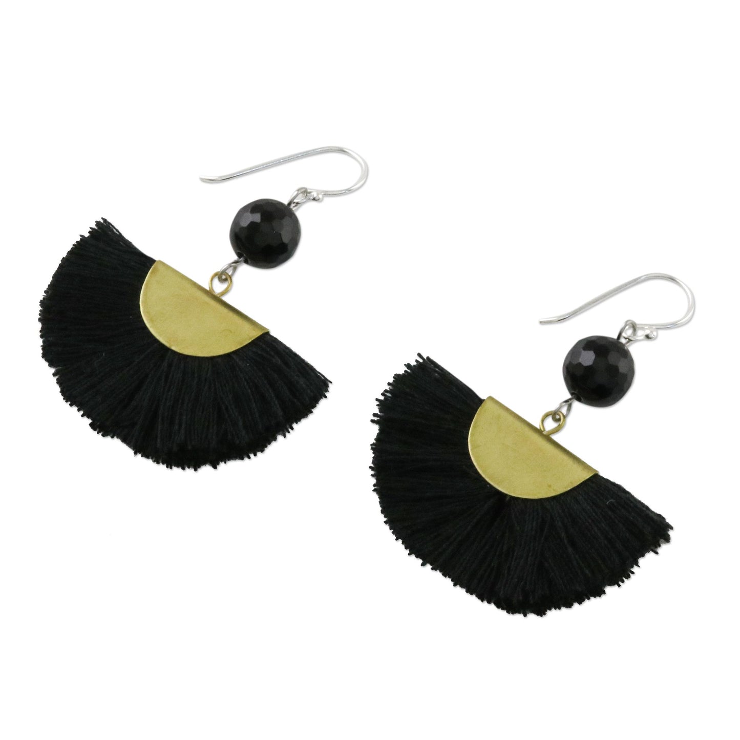 Festival in Black Quartz and Brass Bead Dangle Earrings with Cotton Fringe