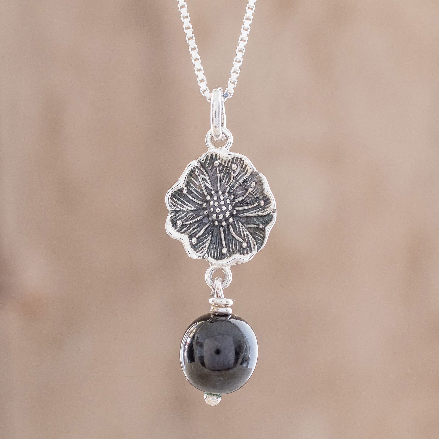 Guatemalan Flower Floral Black Jade Pendant Necklace from Guatemala