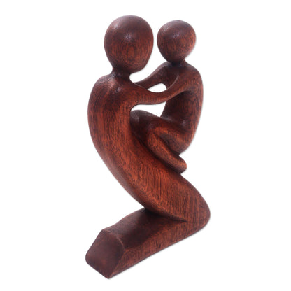 Playful Father Suar Wood Father and Child Sculpture from Bali