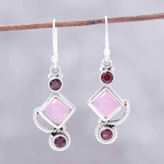 Beauty of the Horizon Garnet and Pink Chalcedony Dangle Earrings Handmade in India