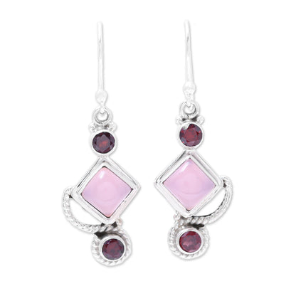 Beauty of the Horizon Garnet and Pink Chalcedony Dangle Earrings Handmade in India