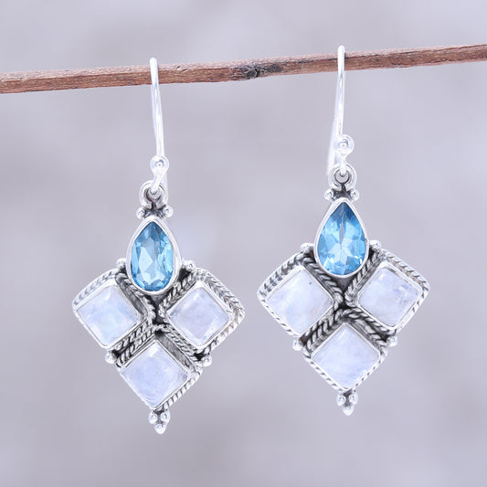 Morning Delight Rainbow Moonstone and Faceted Blue Topaz Earrings from India