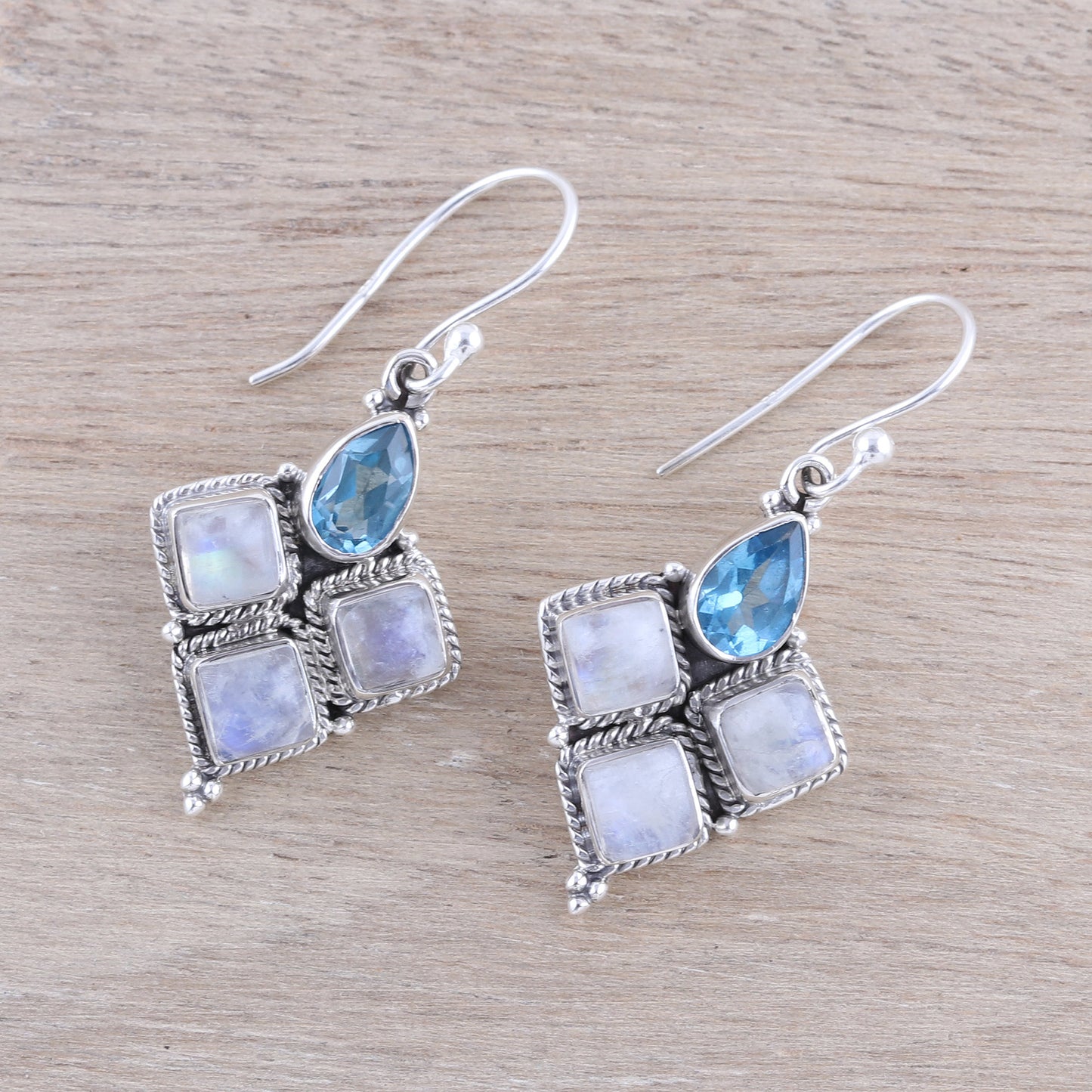 Morning Delight Rainbow Moonstone and Faceted Blue Topaz Earrings from India