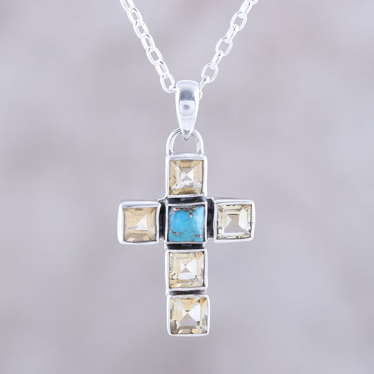 Golden Faith Citrine and Composite Turquoise Cross Necklace from India