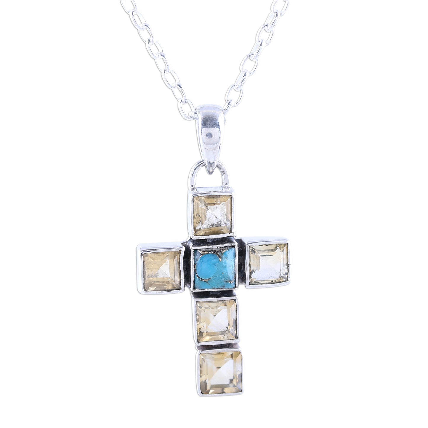 Golden Faith Citrine and Composite Turquoise Cross Necklace from India