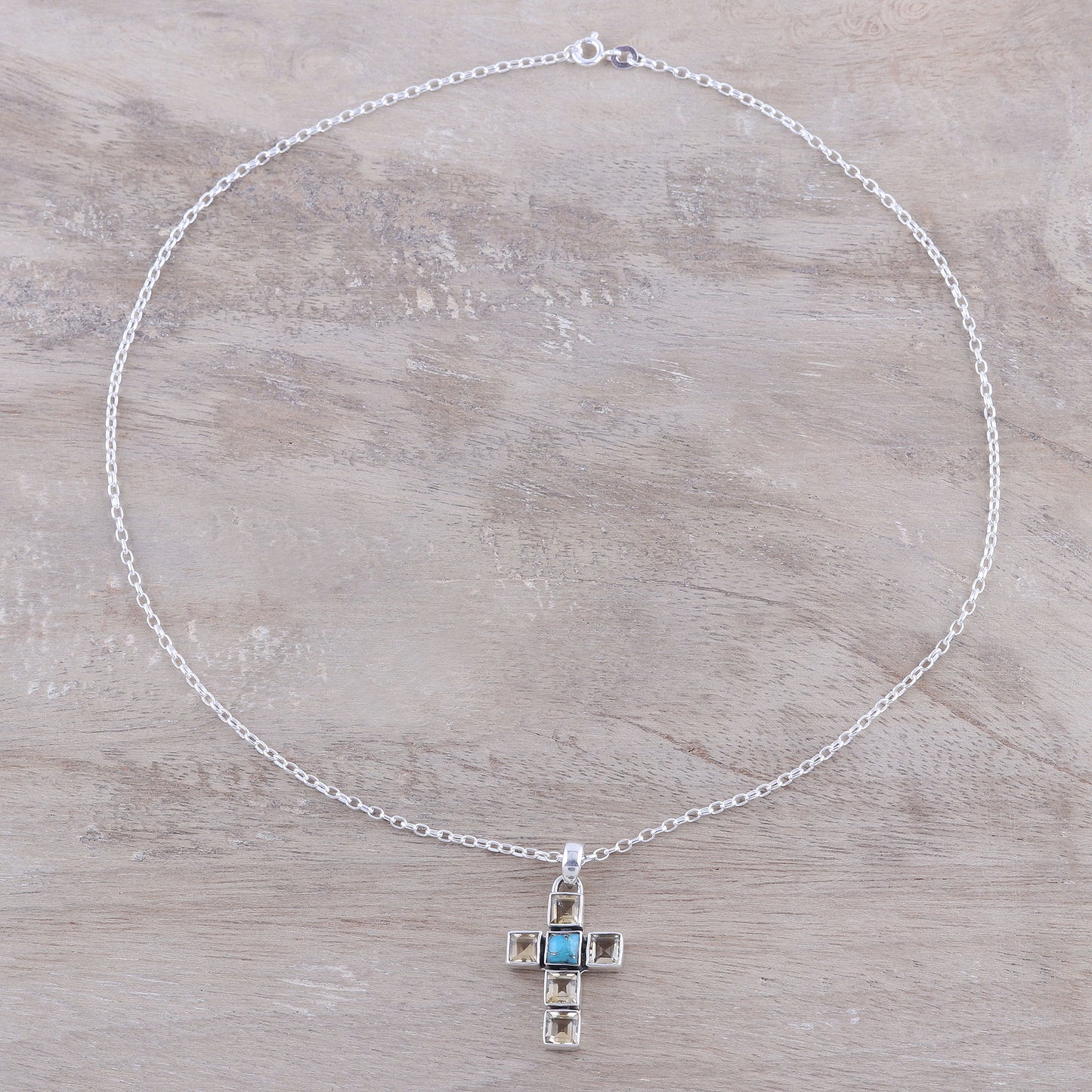 Golden Faith Citrine and Composite Turquoise Cross Necklace from India