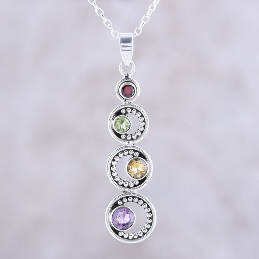 Dancing Crescents Crescent Motif Multi-Gemstone Pendant Necklace from India