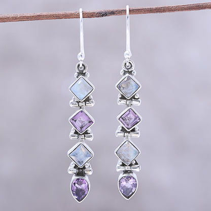 Gemstone Fusion Amethyst and Rainbow Moonstone Dangle Earrings from India