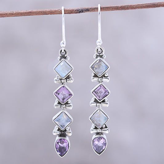 Gemstone Fusion Amethyst and Rainbow Moonstone Dangle Earrings from India