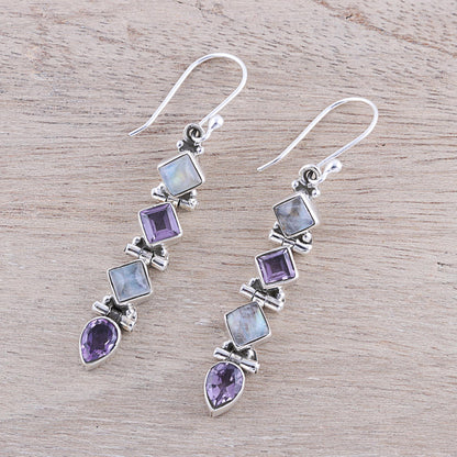 Gemstone Fusion Amethyst and Rainbow Moonstone Dangle Earrings from India