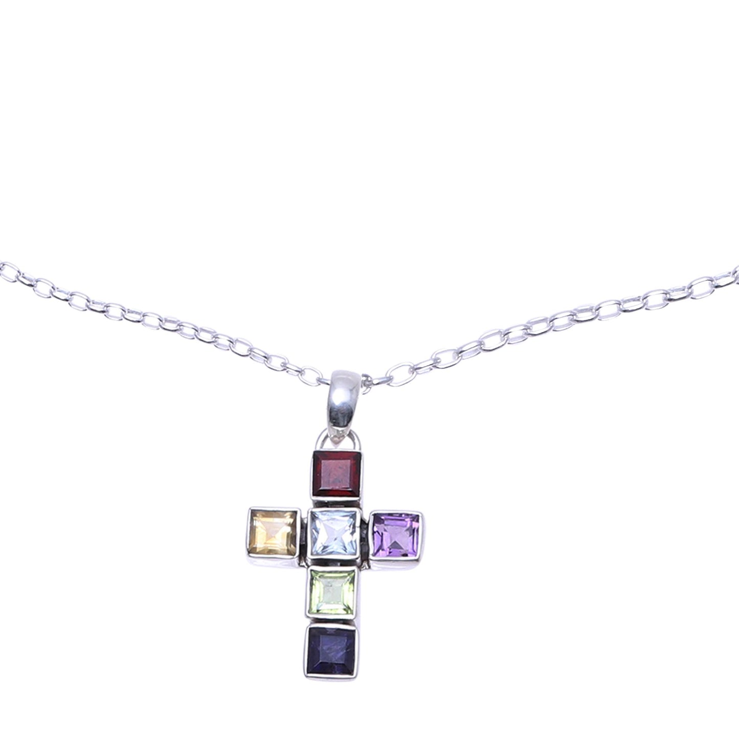 Dazzle with Faith Multi-Gemstone Cross Pendant Necklace from India