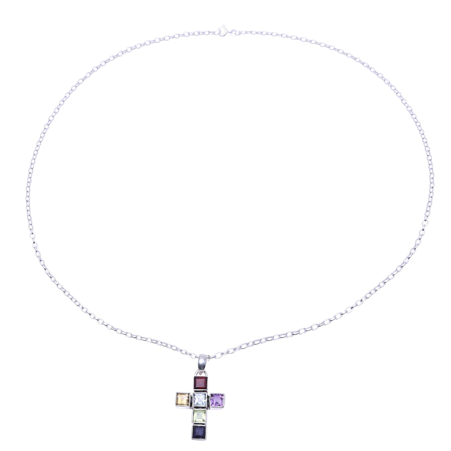 Dazzle with Faith Multi-Gemstone Cross Pendant Necklace from India