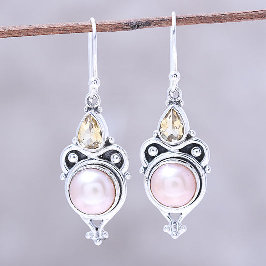 Pink Moon Sparkle Pink Cultured Pearl and Citrine Dangle Earrings from Citrine