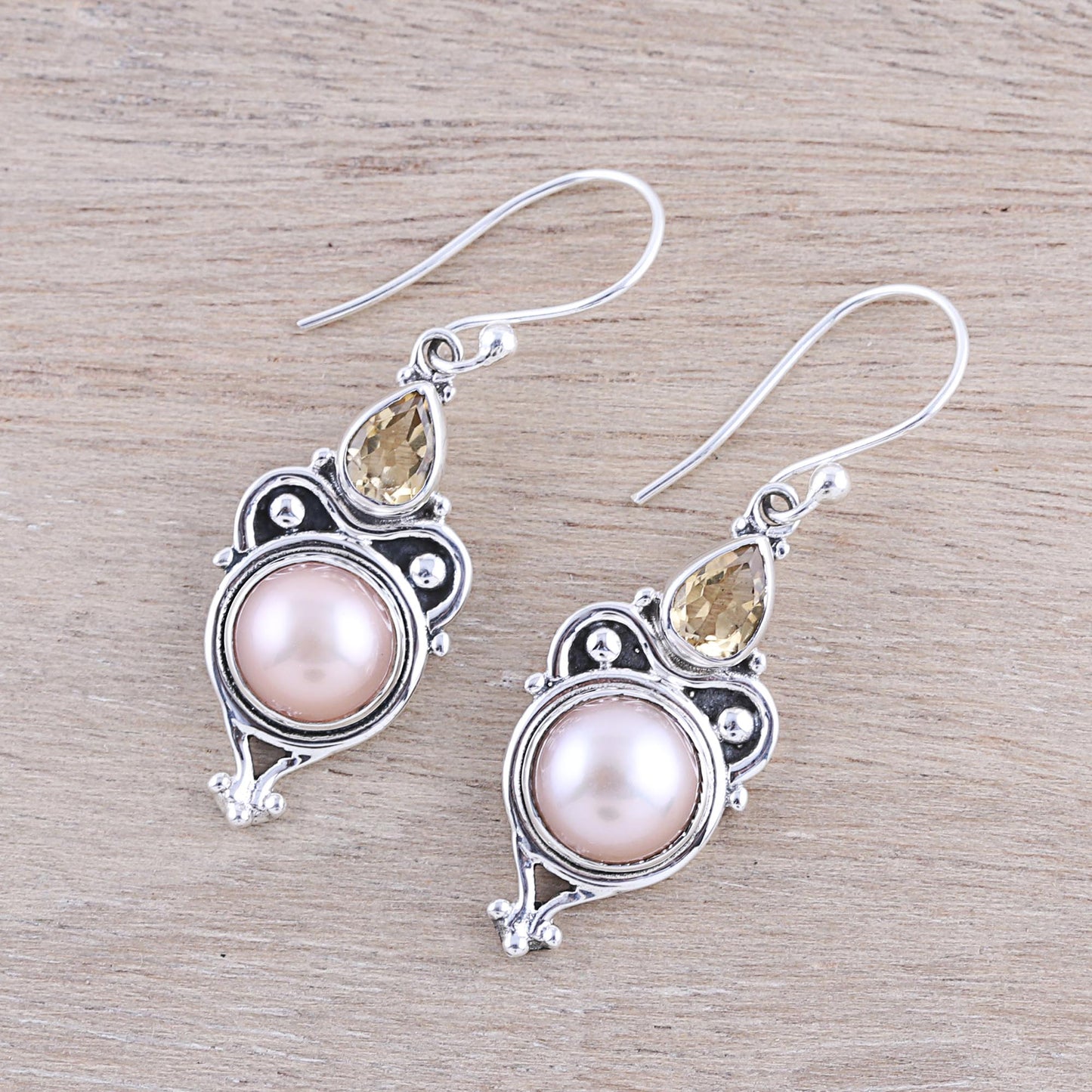 Pink Moon Sparkle Pink Cultured Pearl and Citrine Dangle Earrings from Citrine