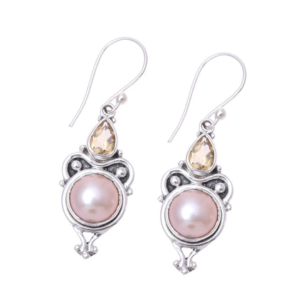 Pink Moon Sparkle Pink Cultured Pearl and Citrine Dangle Earrings from Citrine