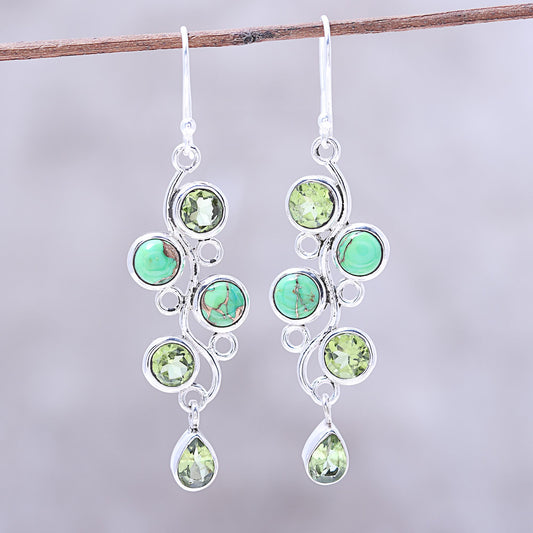 Green Sheen Peridot and Composite Turquoise Dangle Earrings from India