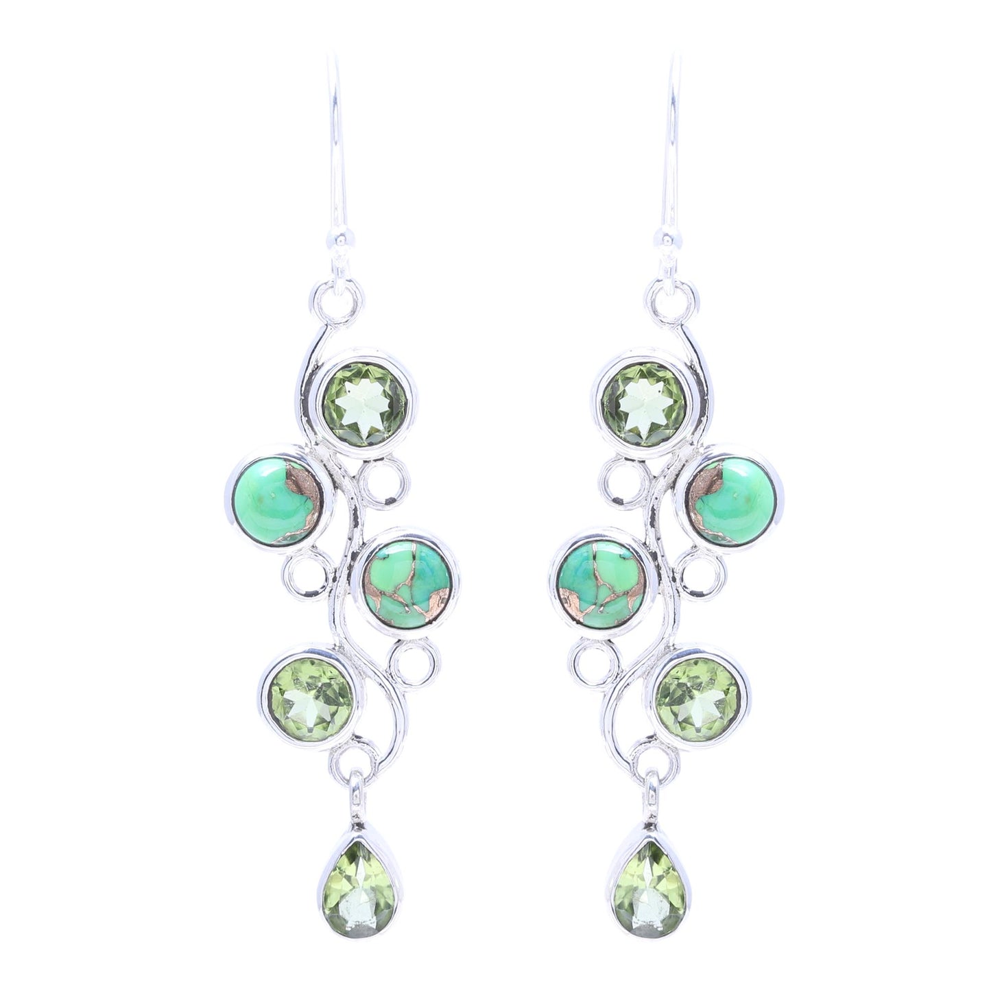 Green Sheen Peridot and Composite Turquoise Dangle Earrings from India