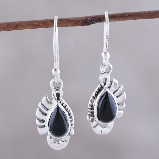 Feather Bliss Teardrop Onyx Dangle Earrings Crafted in India