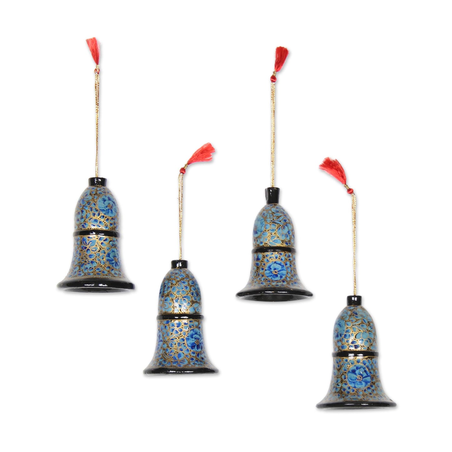 Blue Bloom Papier Mache Bell Ornaments in Blue from India (Set of 4)