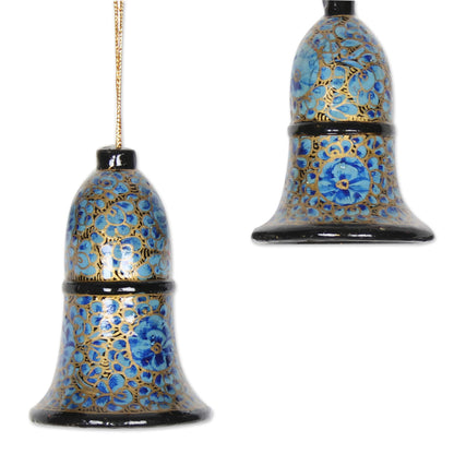 Blue Bloom Papier Mache Bell Ornaments in Blue from India (Set of 4)