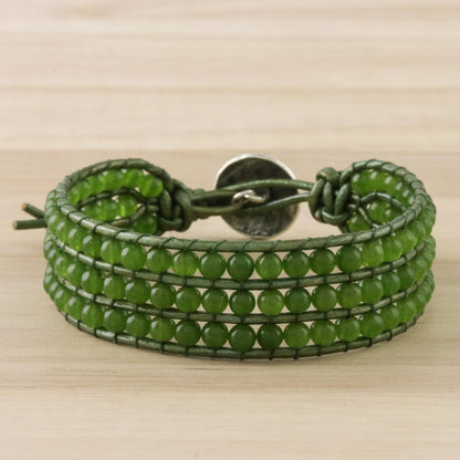 Verdant Field Green Quartz and Karen Silver Button Wristband Bracelet