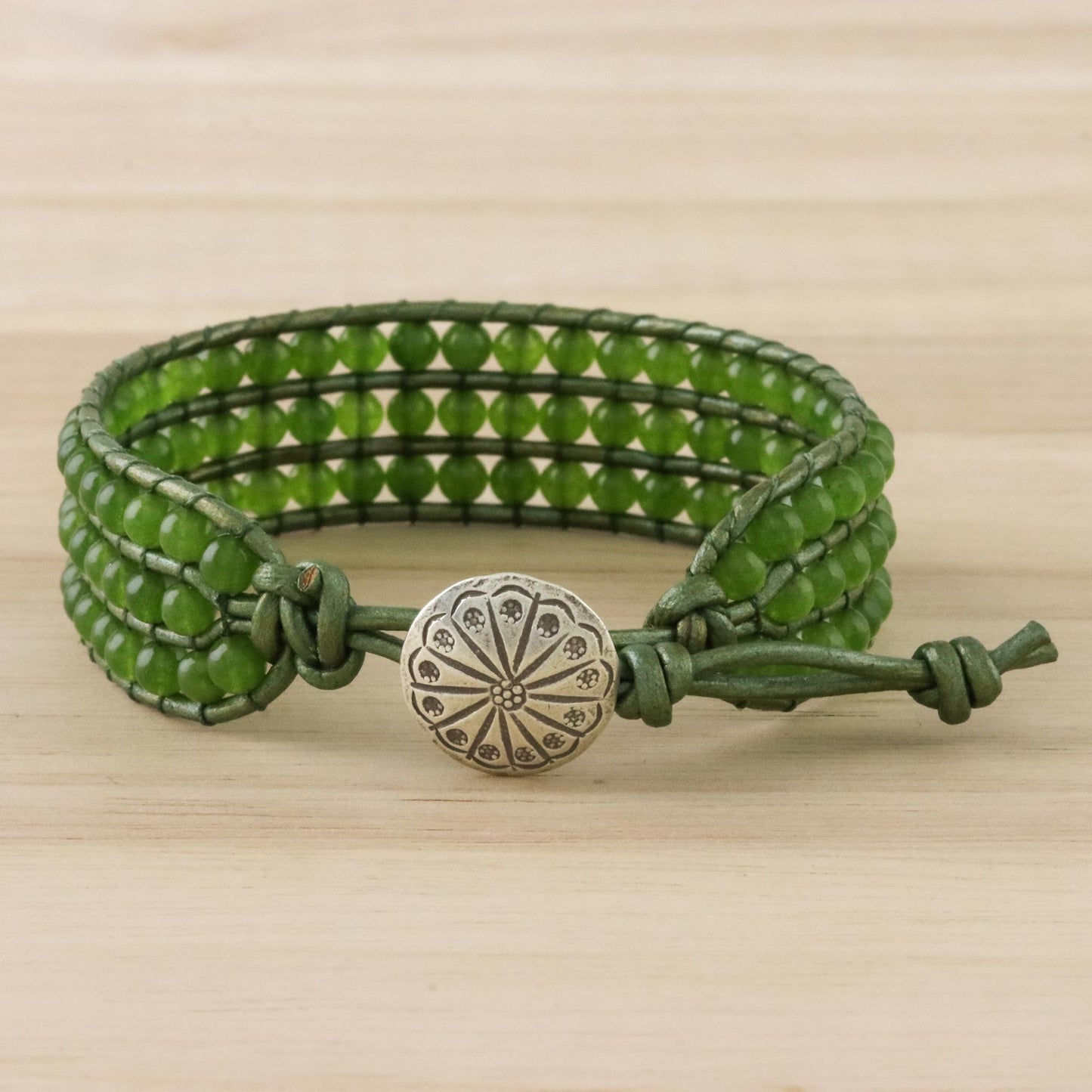 Verdant Field Green Quartz and Karen Silver Button Wristband Bracelet