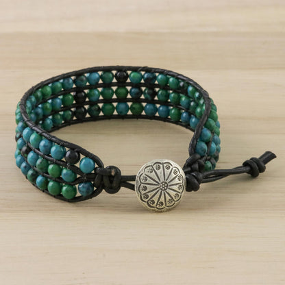 Lagoon Depths Serpentine Bead and Karen Silver Button Wristband Bracelet