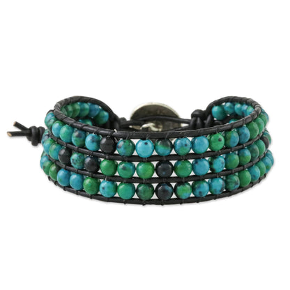 Lagoon Depths Serpentine Bead and Karen Silver Button Wristband Bracelet