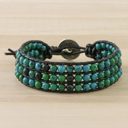 Lagoon Depths Serpentine Bead and Karen Silver Button Wristband Bracelet