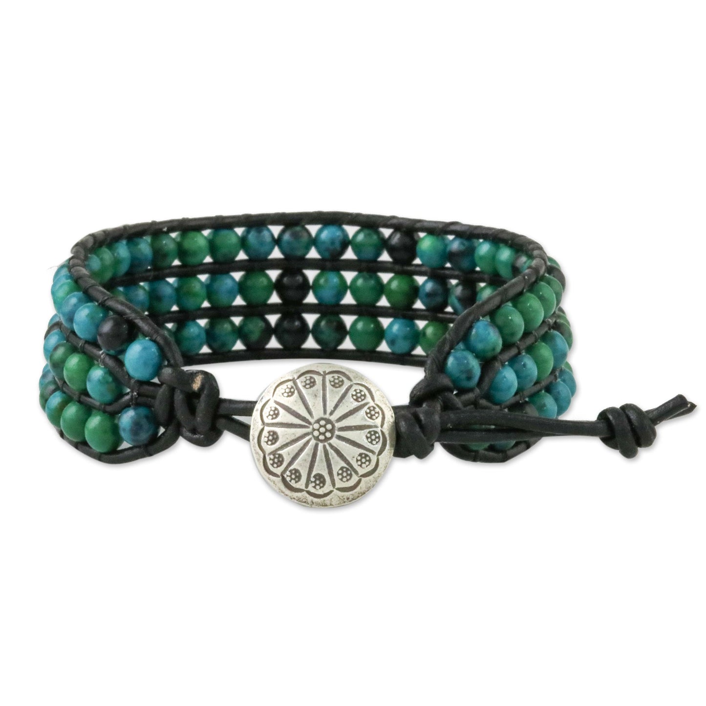 Lagoon Depths Serpentine Bead and Karen Silver Button Wristband Bracelet