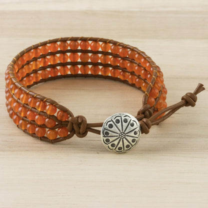 Sunlit Dawn Carnelian Bead and Karen Silver Button Wristband Bracelet