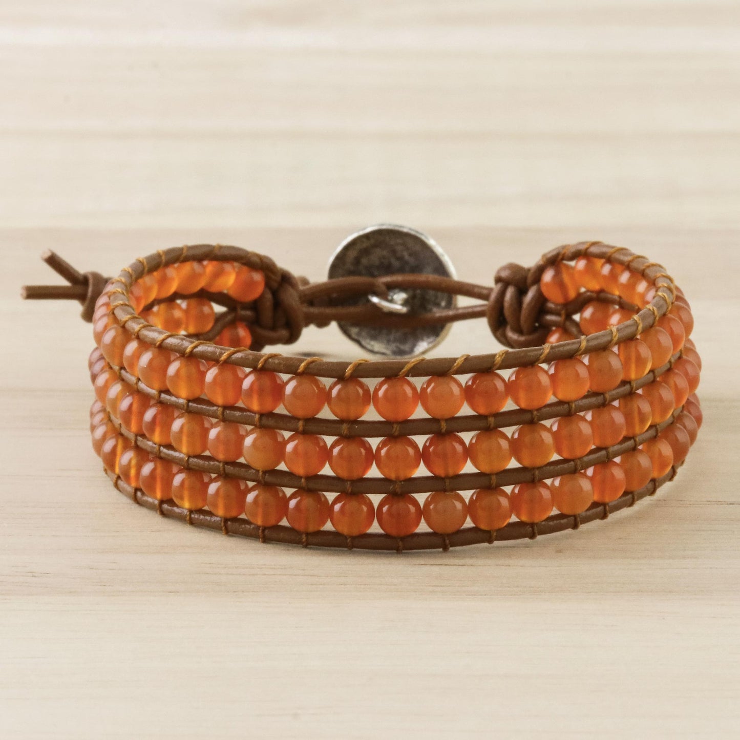 Sunlit Dawn Carnelian Bead and Karen Silver Button Wristband Bracelet