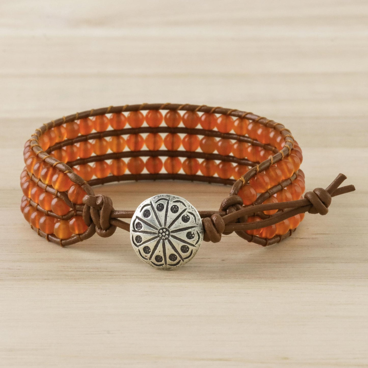 Sunlit Dawn Carnelian Bead and Karen Silver Button Wristband Bracelet