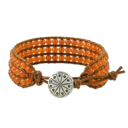 Sunlit Dawn Carnelian Bead and Karen Silver Button Wristband Bracelet