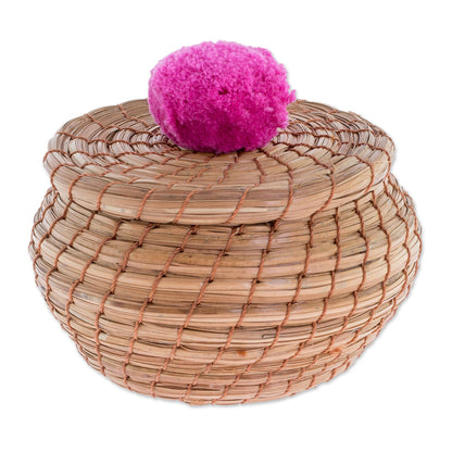 Natural Enchantment in Fuchsia Handmade Pine Needle Basket with a Fuchsia Cotton Pompom