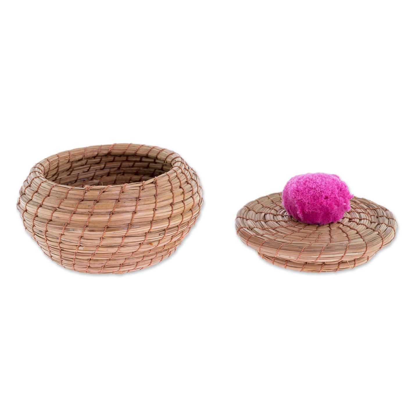 Natural Enchantment in Fuchsia Handmade Pine Needle Basket with a Fuchsia Cotton Pompom