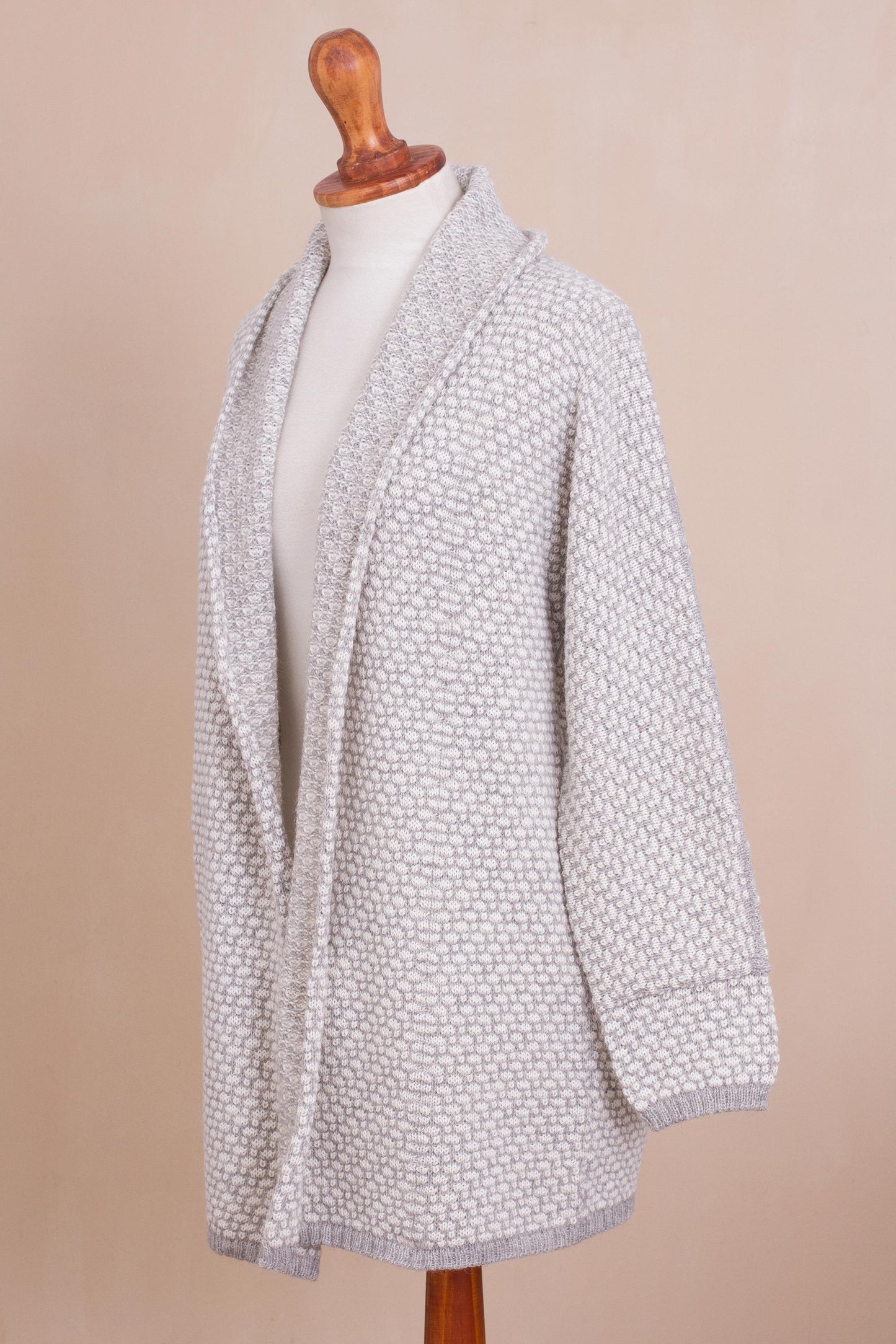 Dove Down Off-White and Grey Alpaca Blend Relaxed Fit Cardigan Sweater