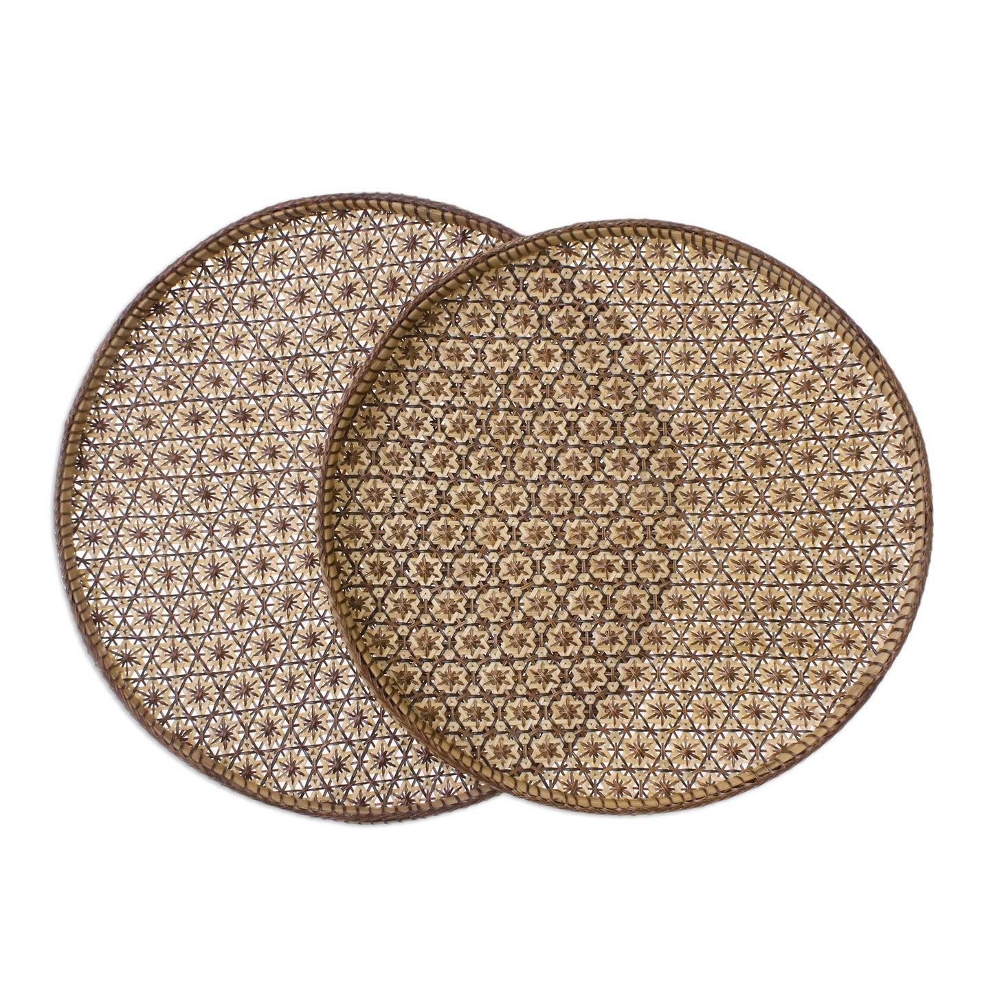 Presenting Pikul Set of 2 Handcrafted Woven Flower Motif Thai Rattan Trays