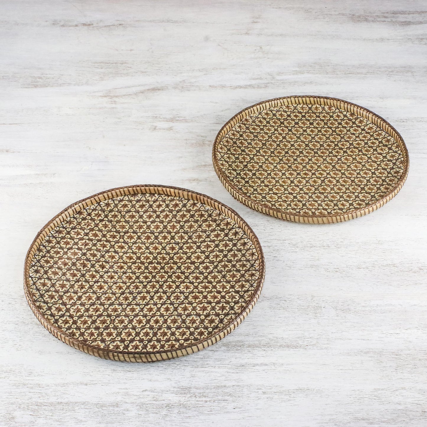 Presenting Pikul Set of 2 Handcrafted Woven Flower Motif Thai Rattan Trays