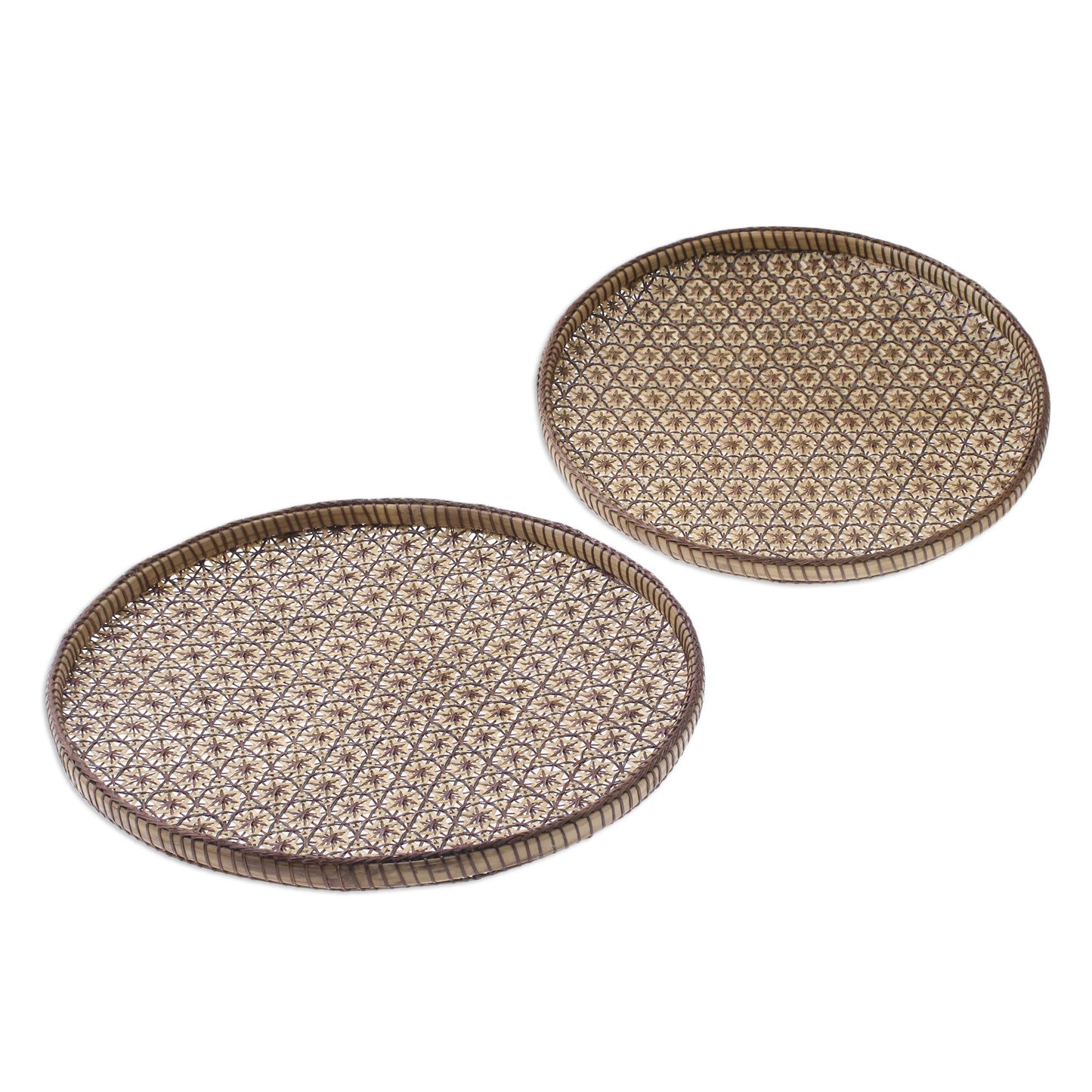 Presenting Pikul Set of 2 Handcrafted Woven Flower Motif Thai Rattan Trays