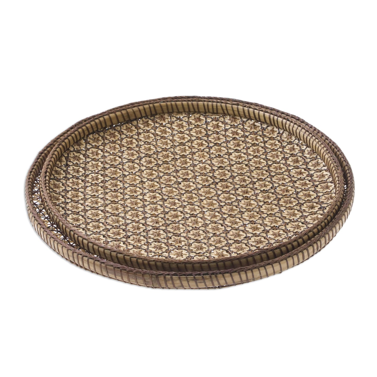 Presenting Pikul Set of 2 Handcrafted Woven Flower Motif Thai Rattan Trays