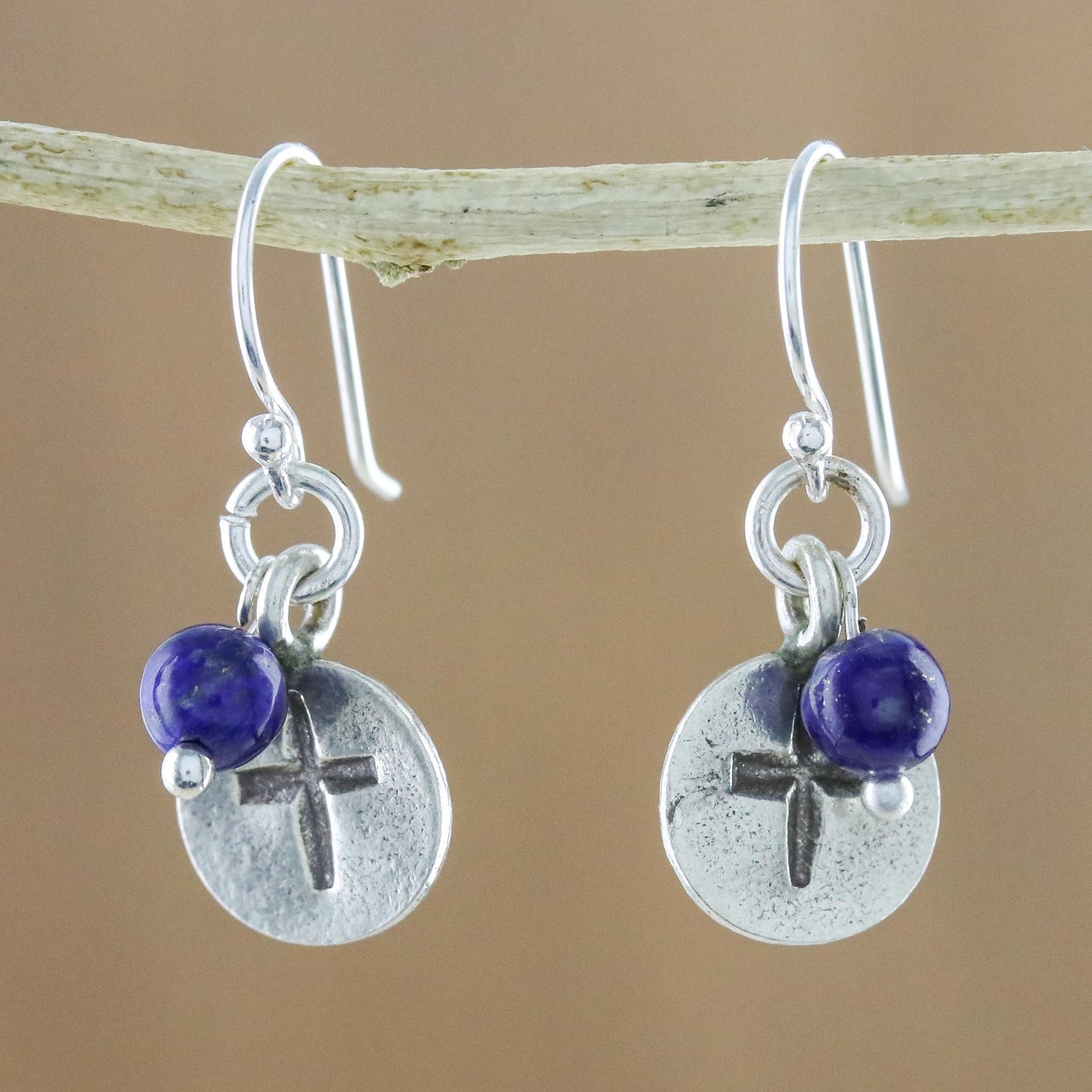 Subtle Cross Lapis Lazuli Cross Dangle Earrings from Thailand