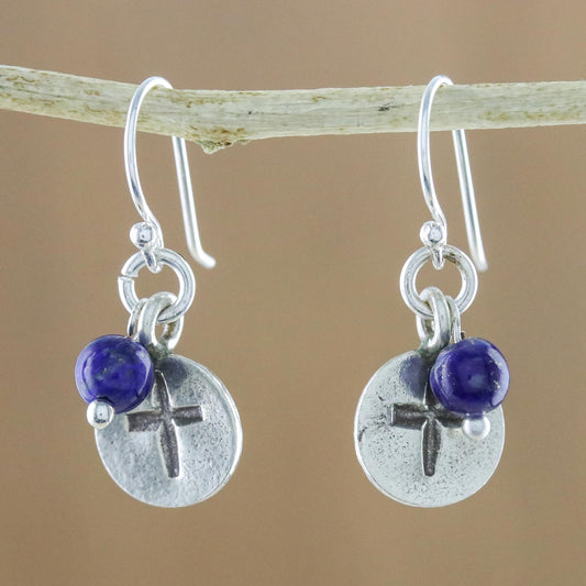 Subtle Cross Lapis Lazuli Cross Dangle Earrings from Thailand