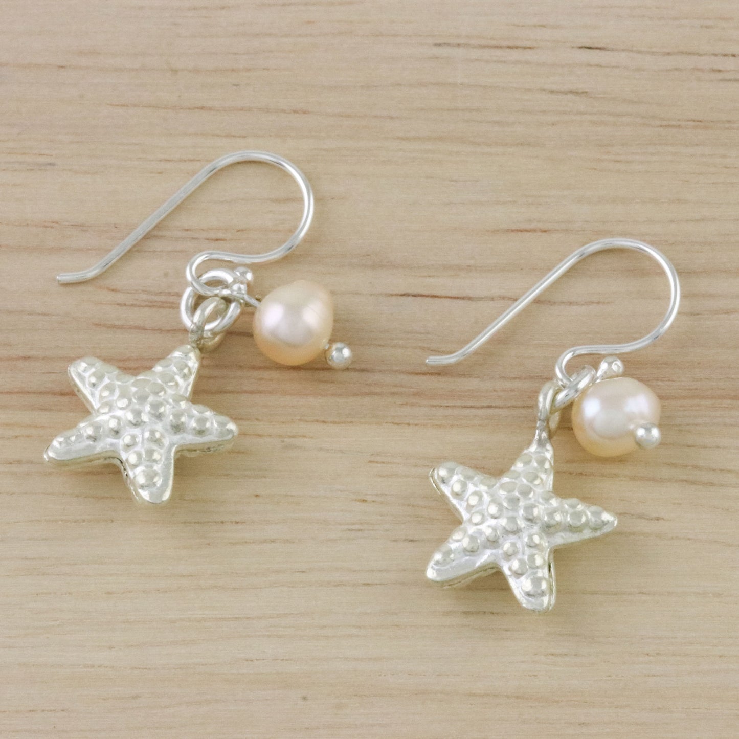 Delightful Starfish Cultured Pearl and Silver Starfish Dangle Earrings