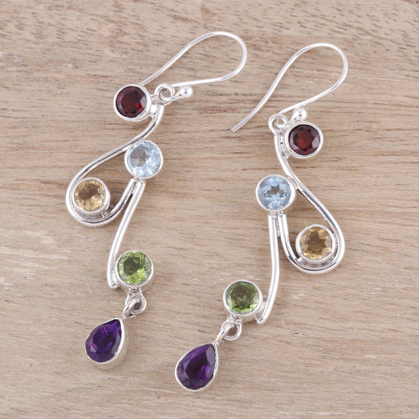 Dancing Rainbow Multi-Gemstone and Scrolling Sterling Silver Dangle Earrings